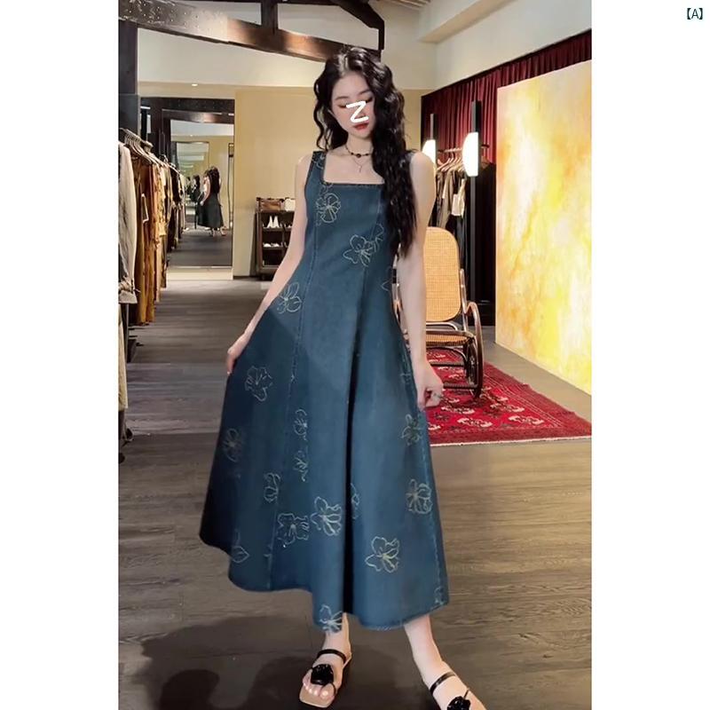 レディース レディース ファッション 海外ファッション 上品 フレンチ レトロ プリント スクエアネック ウエスト デニム サスペンダー ドレス レディース 夏 ファッション スリム ロング スカートのサムネイル