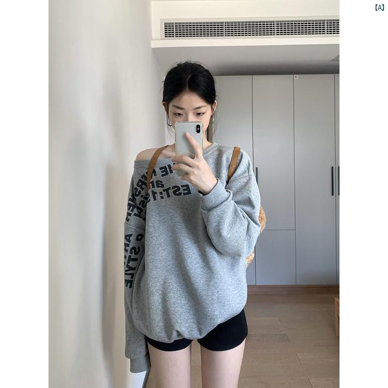 レディース レディース ファッション 海外ファッション 上品 アメリカン レトロ スウィート ガール レター プリント 斜め襟 トレーナー レディース 初秋 トップ