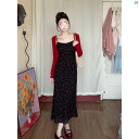 レディース レディース ファッション 海外ファッション 上品 フレンチ レトロ 花柄 サスペンダー ドレス ニットカーディガン レディース 秋 ファッション 休暇 2点セット