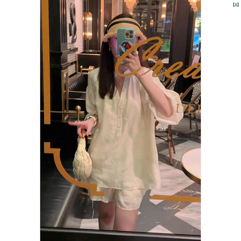 レディース レディース ファッション 海外ファッション 上品 ハイエンド 中国 刺繍 テンセル シャツ ショーツ レディース 夏 カジュアル 2点セット