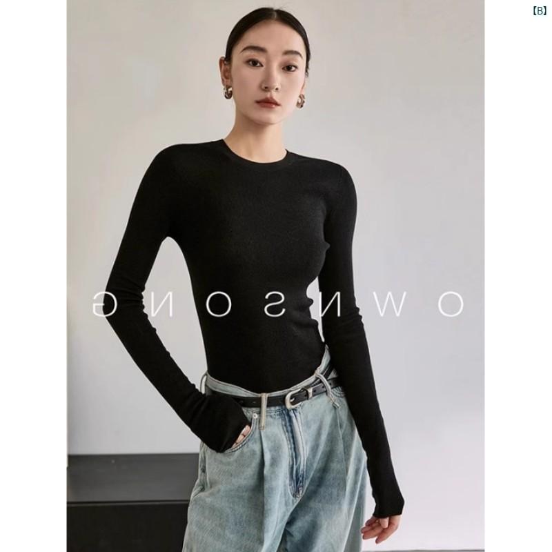 レディース　ファッション　おしゃれ　海外風　レディース 高級 グレー ボトム シャツ スリムフィット プルオーバー スリム シック ラウンドネック セーター スプリング インナー