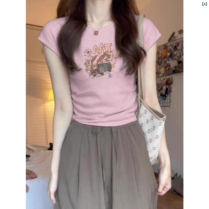 レディース　ファッション　おしゃれ　海外風　レディース 小柄 フライング スリーブ 持つ スタイリッシュ ガール 右 肩 細く 半袖 Tシャツ ショート スリムフィット 魅力的 トップ 夏 プリント ピンクのサムネイル