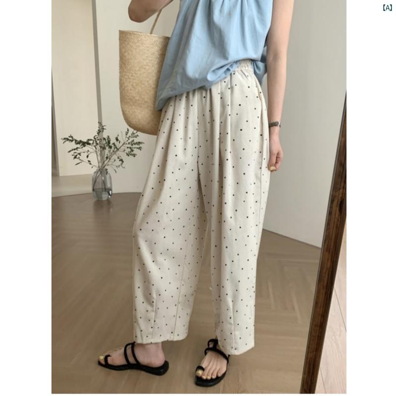 レディース　ファッション　おしゃれ　海外風　レディース オフ ホワイト 水玉 パンツ 小柄 ゆったり スリム ワイド 九分丈 夏用 コットン 麻 グラニー バナナ