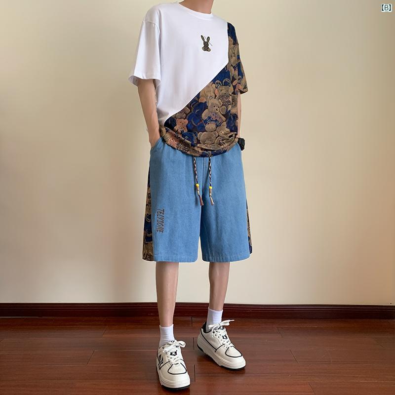 メンズ　海外ファッション　韓国　大人ストリート デニムショートパンツ 薄手 夏 スプライシング プリント 半袖 Tシャツ アメリカン カジュアル スポーツ スーツ