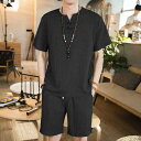 メンズ 海外ファッション 韓国 大人ストリート 中華風 夏 薄手 コットン リネン カジュアル スーツ バックル レトロ 半袖 Tシャツ ショーツ 冷感 唐 男性