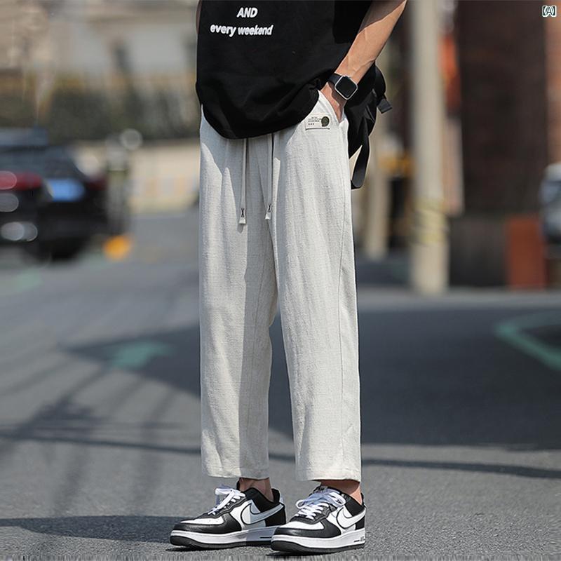 メンズ　海外ファッション　韓国　大人ストリート リネン カジュアル パンツ 夏 薄手 ストレート レトロ 大きいサイズ ドレープ コットン