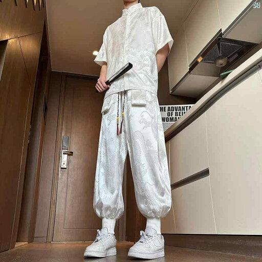 中華風 男性用 衣装 スーツ 薄氷 絹 半袖 シャツ 足首ま 長さ ブルマ 龍 模様 カジュアル パンツ セット 中華風 男性用 衣装 スーツ 薄氷 絹 半袖 シャツ 足首ま 長さ ブルマ 龍 模様 カジュアル パンツ セット