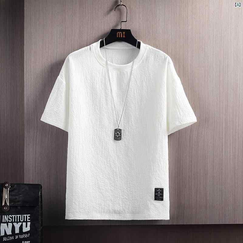 夏 冷感 半袖 メンズ 大きいサイズ カジュアル Tシャツ ドレープ 無地 ラウンドネック 五分袖 シャツ