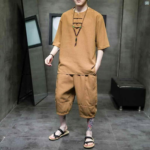 コットン リネン スーツ メンズ 夏 薄手 半袖 Tシャツ 中華風 レトロ 唐装 漢服 九分丈 パンツ 2点セット コットン リネン スーツ メンズ 夏 薄手 半袖 Tシャツ 中華風 レトロ 唐装 漢服 九分丈 パンツ 2点セット