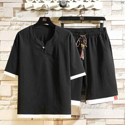 冷感 Tシャツ スーツ メンズ 中華風 リネン フェイク 2点 半袖 トップ 薄手 夏 カジュアルショーツ 冷感 Tシャツ スーツ メンズ 中華風 リネン フェイク 2点 半袖 トップ 薄手 夏 カジュアルショーツ