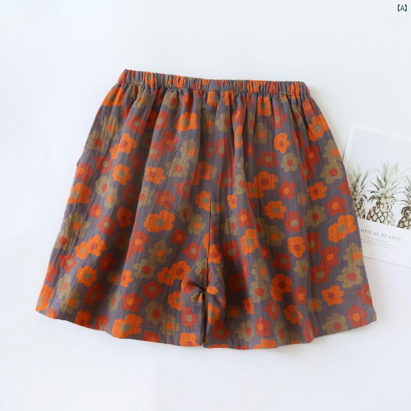 夏 レディース レトロ ジャカード コットン 二層 ガーゼ 家 外着用 可能 ポケット 付き ショート パンツ パジャマ カジュアル