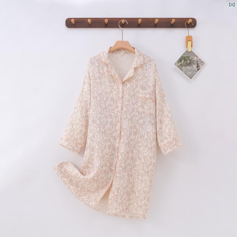 夏 コットン 二層 ガーゼ 長袖 ネグリジェ 付き クレープ カーディガン ミドル丈 ホーム スカート 花柄 吸汗性