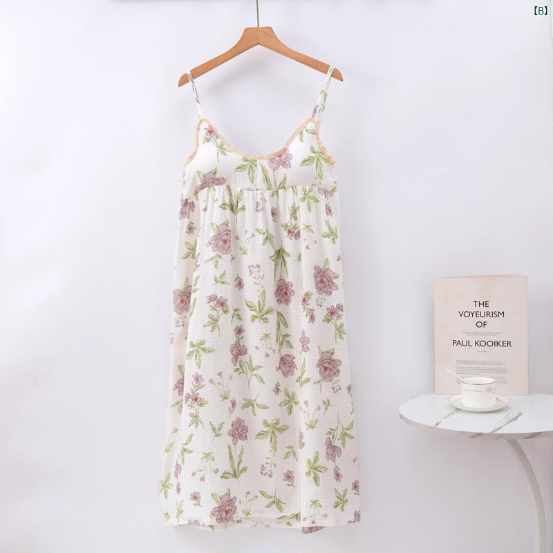 夏 コットンガーゼ 胸パッド サスペンダー ネグリジェ ミドル丈 レディース パジャマ ベスト ドレス 小柄 香り 魅惑的 大きめ サイズ