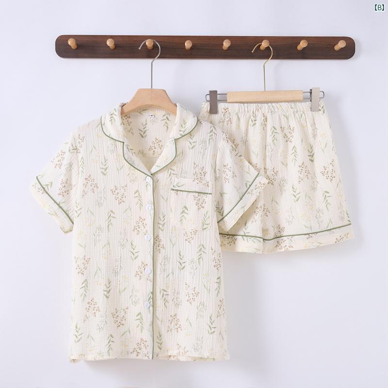 夏 コットン 二重 ガーゼ パジャマ レディース 半袖 ショート パンツ クレープ カーディガン 花柄 シンプル 吸汗 シアサッカー