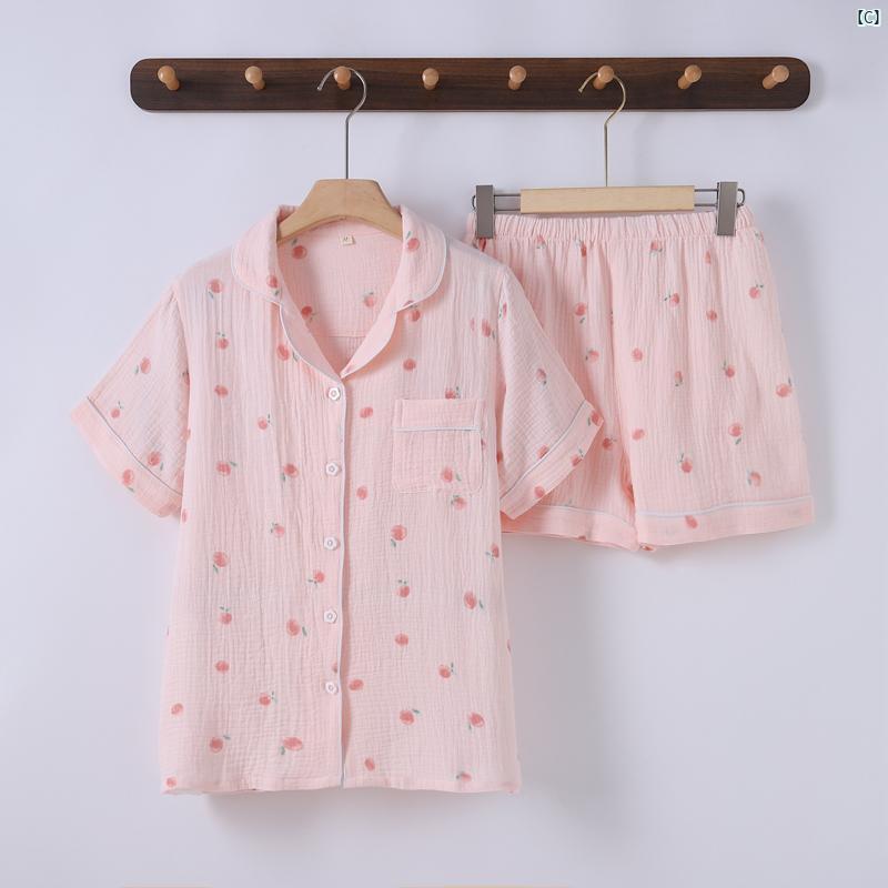 夏 コットン 二重 ガーゼ パジャマ レディース 半袖 ショート パンツ クレープ カーディガン 花柄 シンプル 吸汗 シアサッカー