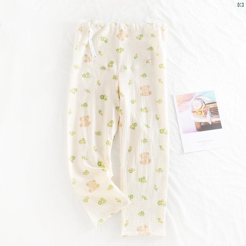 春夏 薄手 コットン 二層 ガーゼ マタニティパジャマ 腹部 サポート ウエスト 調節可能 クレープ マタニティパンツ 付き