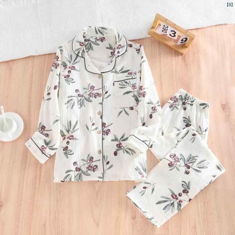 春夏 レディース 薄手 コットン 二層 ガーゼ パジャマ セット クレープ 長袖 ズボン 花柄 カジュアル ホーム