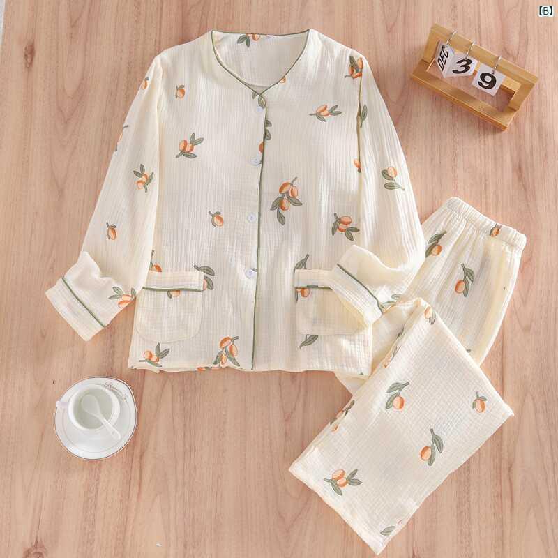 レディース パッド入り パジャマ 長袖 ズボン 春秋 薄手 コットンガーゼ 夏 ホームウェア セット プリント