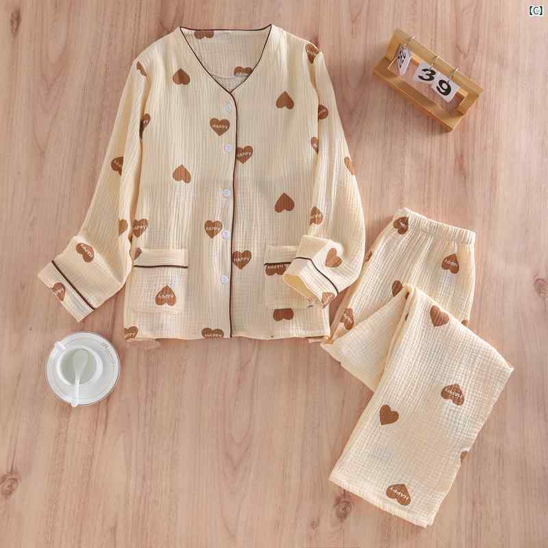 レディース パッド入り パジャマ 長袖 ズボン 春秋 薄手 コットンガーゼ 夏 ホームウェア セット プリント