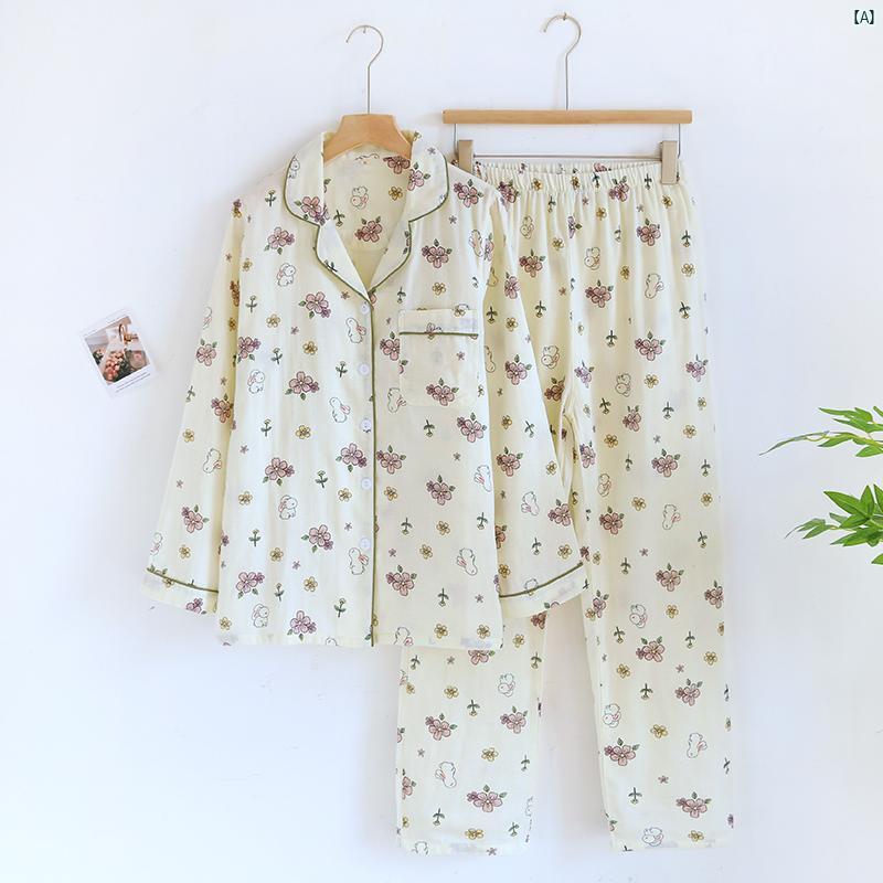 春夏 薄手 コットン 二層 ガーゼ パジャマ レディース 長袖 コットンカーディガン かわいい オフ ホワイト 花 通気性