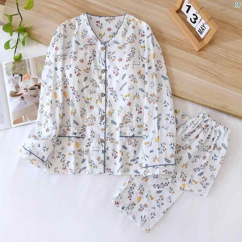 春夏 コットンガーゼ パジャマ 胸パッド付き コットン Vネック 長袖 ズボン レディース 夏用 薄手 ブラジャー し ホーム 服 セット