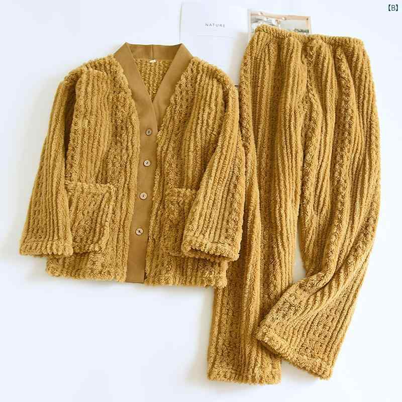 秋冬 フランネル パジャマ レディース 長袖 ズボン コーラル ベルベット Vネック ホームウェア カーディガン カップル 無地 大きいサイズ ブラック イエロー 色