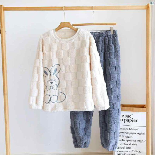 秋冬 カップル フランネル パジャマ レディース ラウンドネックプルオーバー コーラル ベルベット ホーム 服 足 束縛 刺繍 ウサギ 秋冬 カップル フランネル パジャマ レディース ラウンドネックプルオーバー コーラル ベルベット ホーム 服 足 束縛 刺繍 ウサギ
