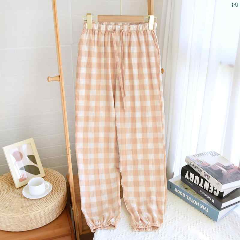 春夏 薄手 ウォッシュド コットン 単層 パジャマ 袖口 付き ホーム パンツ 大きいサイズ チェック柄 ワイド カップル