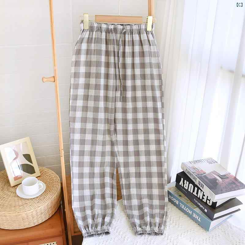 春夏 薄手 ウォッシュド コットン 単層 パジャマ 袖口 付き ホーム パンツ 大きいサイズ チェック柄 ワイド カップル