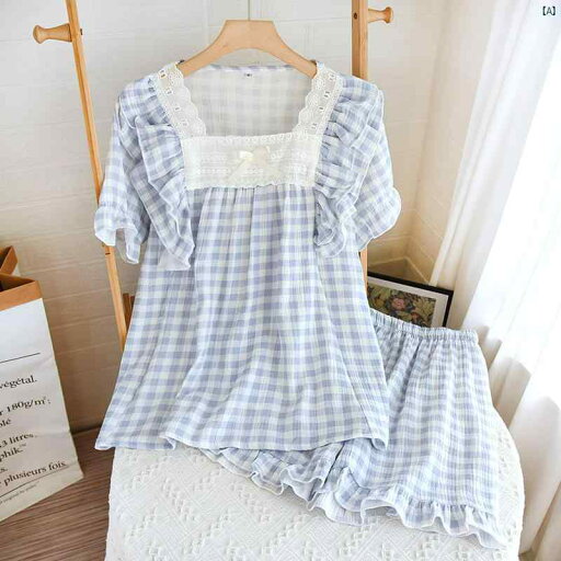 夏 コットン パジャマ 半袖 ショーツ スクエア ネックプルオーバー レース クレープ ホーム 服 セクシー 夏 コットン パジャマ 半袖 ショーツ スクエア ネックプルオーバー レース クレープ ホーム 服 セクシー