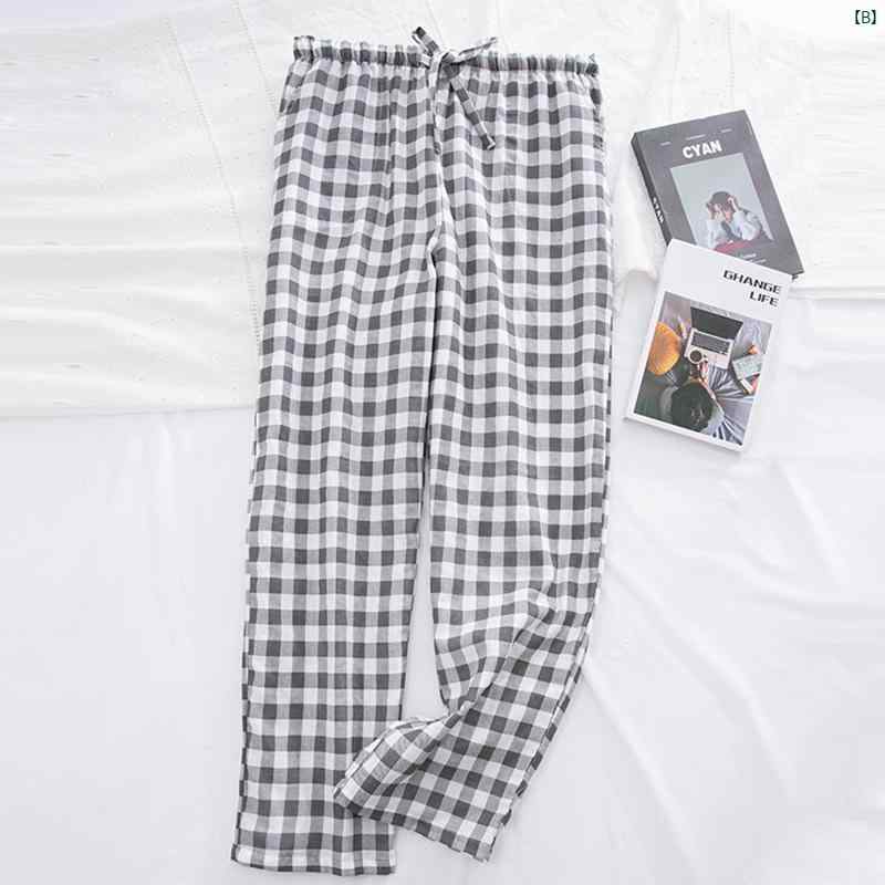 カップル 夏 コットン 二層 ガーゼ パジャマ レディース ズボン チェック柄 ホーム パンツ メンズ 大きいサイズ プラス ポケット 通気性