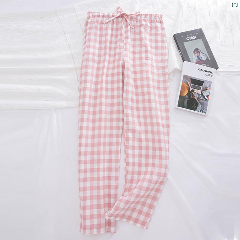 カップル 夏 コットン 二層 ガーゼ パジャマ レディース ズボン チェック柄 ホーム パンツ メンズ 大きいサイズ プラス ポケット 通気性