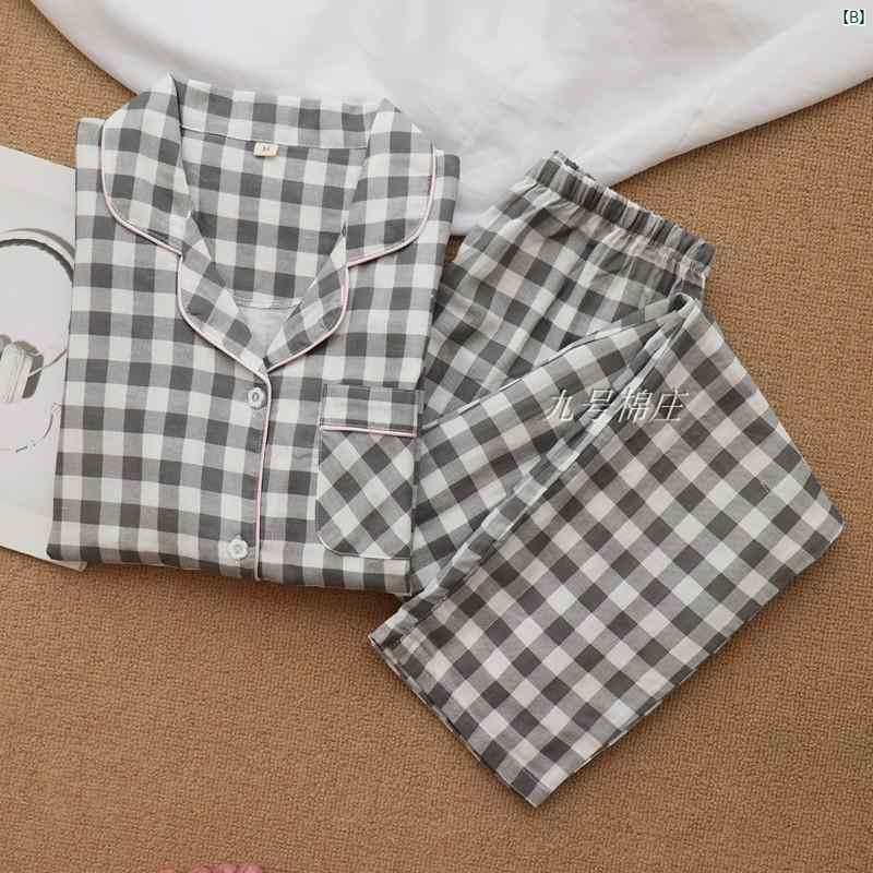 春夏 薄手 コットン 二層 ガーゼ パジャマ レディース 長袖 ズボン ホーム 服 メンズ 大きいサイズ カップル チェック柄