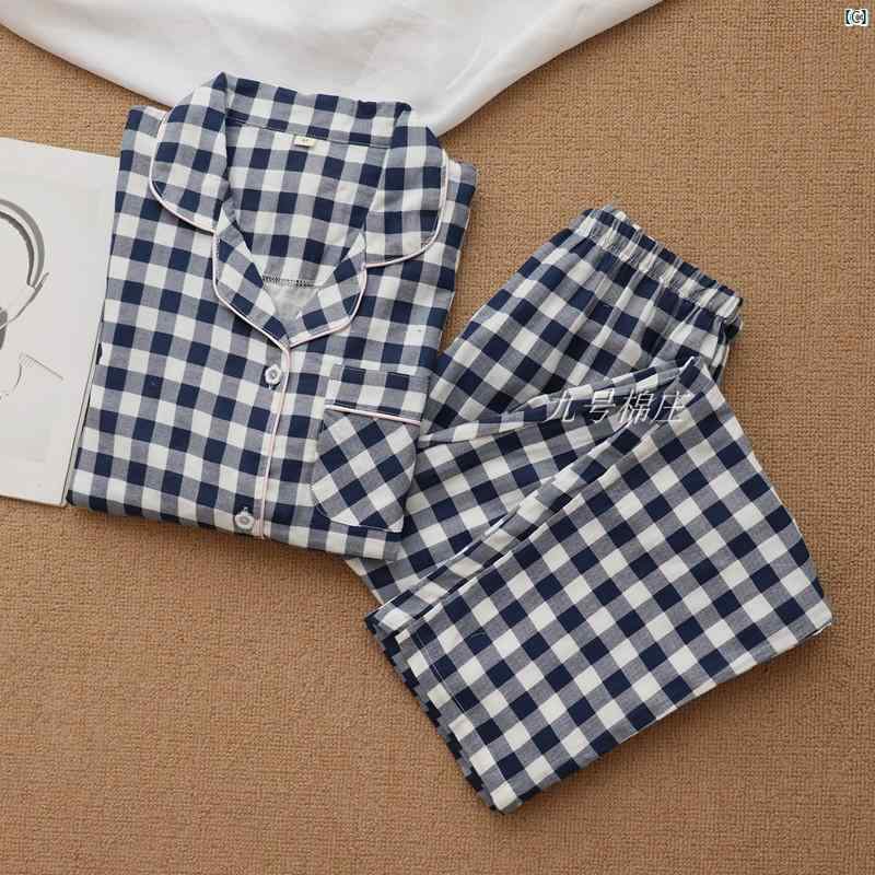 春夏 薄手 コットン 二層 ガーゼ パジャマ レディース 長袖 ズボン ホーム 服 メンズ 大きいサイズ カップル チェック柄
