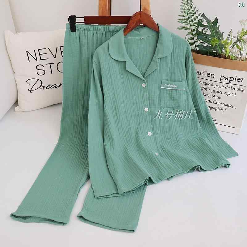 春夏 秋 カップル コットン 二層 ガーゼ パジャマ レディース 長袖 クレープ ホーム 服 メンズ 大きいサイズ プラス 無地