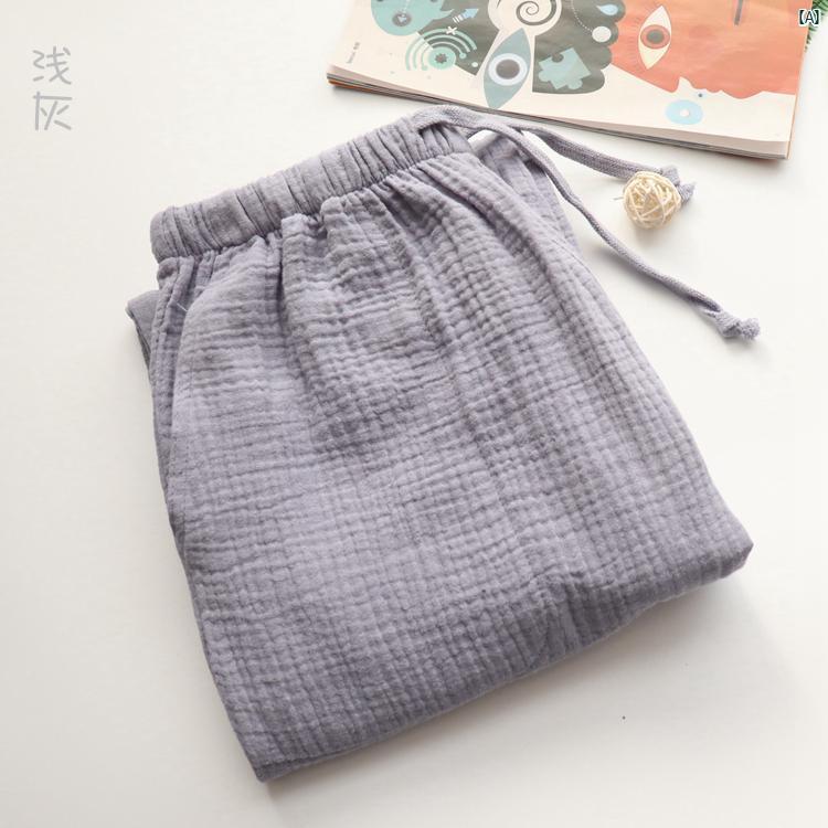 春夏 薄手 コットン 二重 ガーゼ パジャマ レディース ホーム パンツ 長ズボン クレープ メンズパンツ 人 カップル 無地