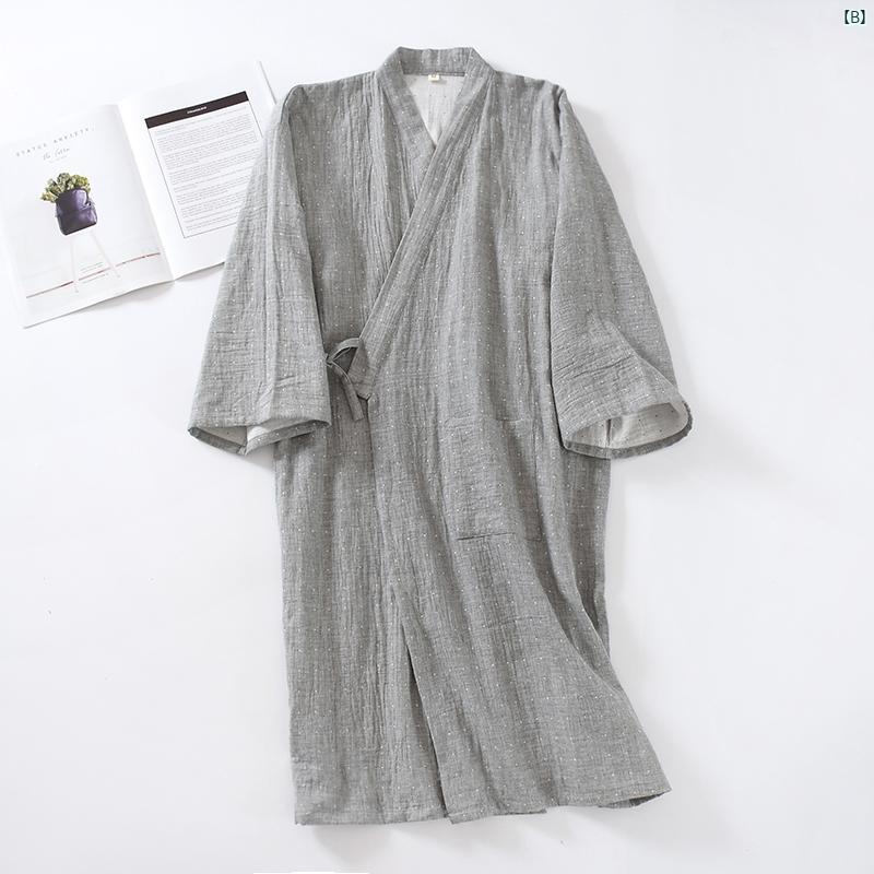 夏 薄手 コットン 二重 ガーゼ ナイトガウン メンズ ミディアム 丈 バスローブ 和風 カーディガン 非常 シンプル