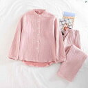 春秋 プリント し 四 層 ガーゼ パジャマ レディース 長袖 ラウンドネックカーディガン コットン ホーム 服 メンズ ソリッドカラー パンツ ポケット 付き