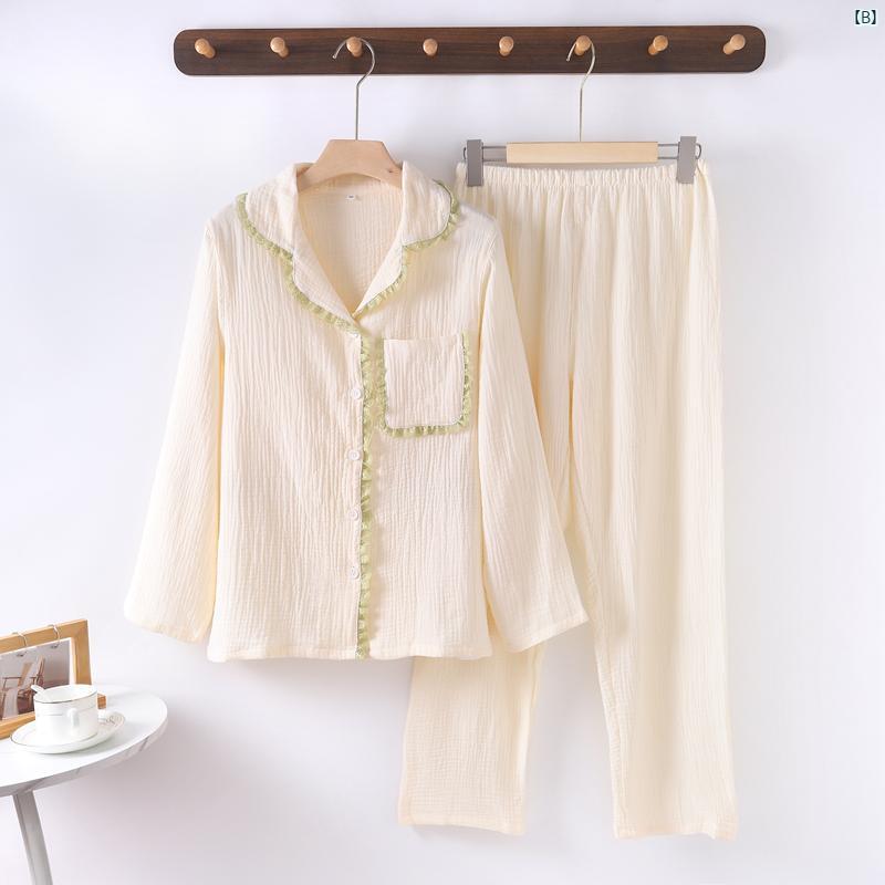 コットン 二重 ガーゼ パジャマ レディース 薄手 クレープ 無地 レース 長袖 シャツ 襟 カーディガン