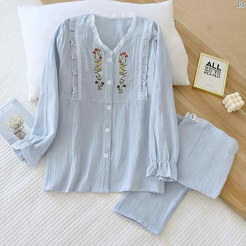 春夏 薄手 コットンガーゼ 服 授乳 産後 パジャマ 長袖 コットン クレープ 刺繍 腹部 サポート
