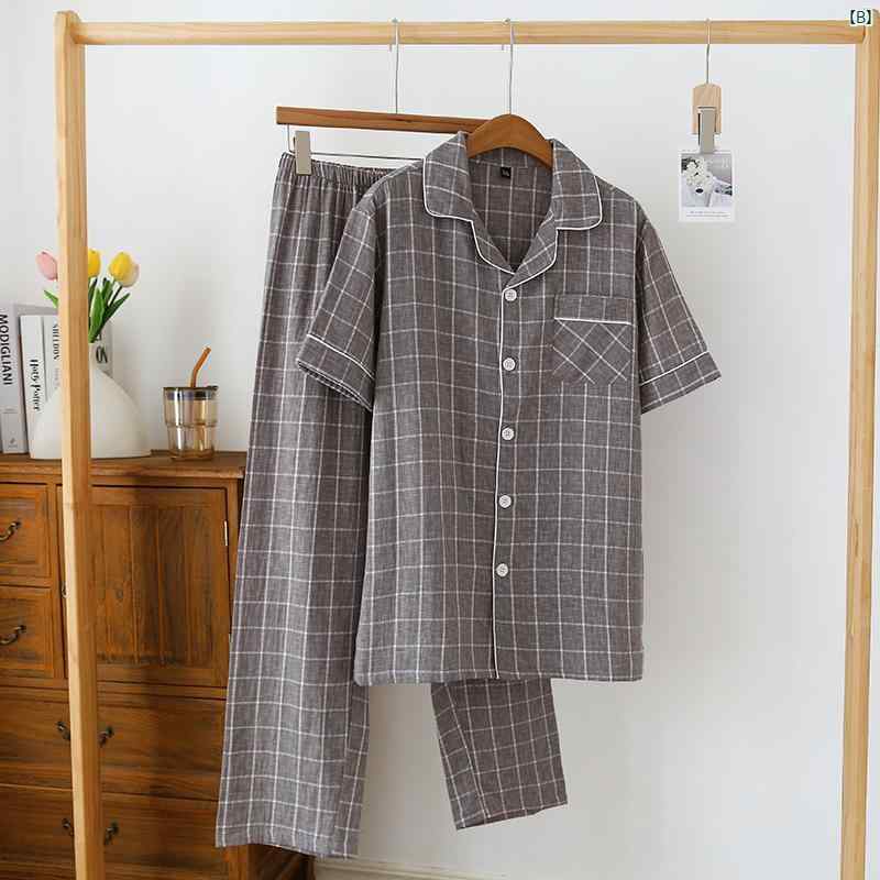 夏 コットンガーゼ パジャマ メンズ 半袖 パンツ コットン 二層 ガーゼ カーディガン 大きいサイズ プラス チェック柄