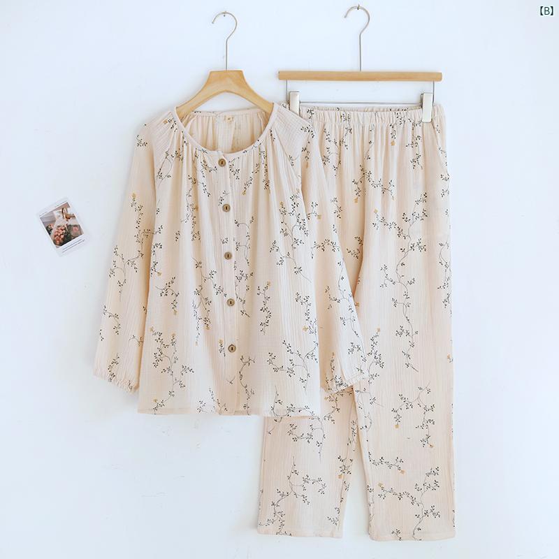 春秋 レディース コットン 二層 ガーゼ パジャマ ラウンドネック 長袖 大きいサイズ クレープ ホーム 服 花