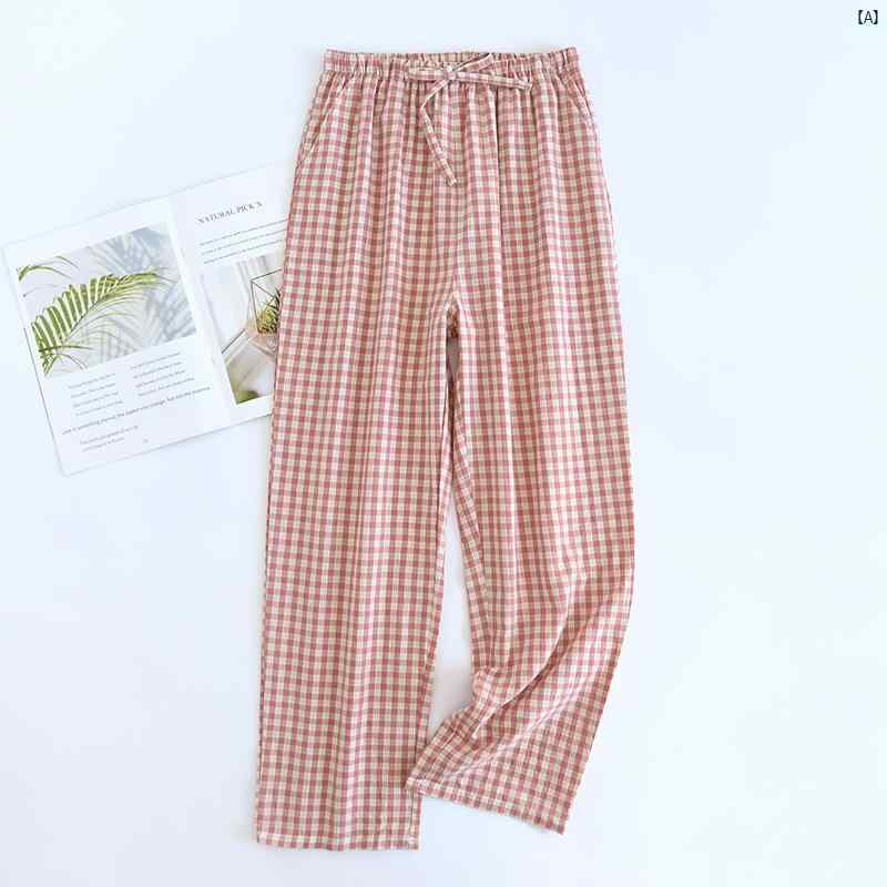 カップル 春夏 薄手 コットン パジャマ レディース ズボン ホーム パンツ メンズ 単層 コットンチェック柄 ストレート ゆったり 口