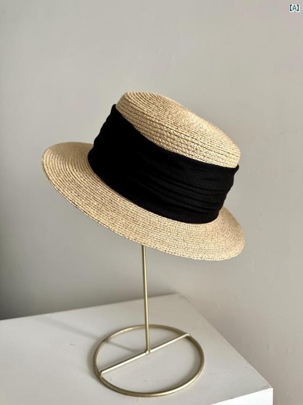 レディース　帽子　ファッション　おしゃれ　韓国　海外風 ラフィア レトロ フラット トップ つば 麦わら 帽子 小柄つ ば 55 夏 旅行 素朴 雰囲気