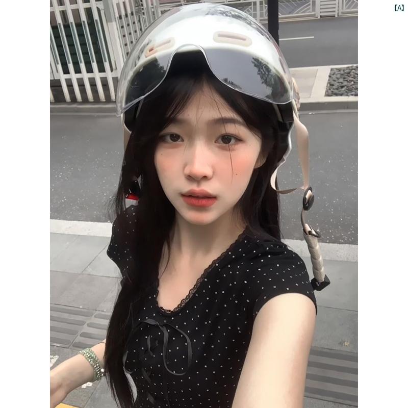 レディース レディース　アーバンファッション　モダンファッション　海外　欧州　個性的　アーバン 夏 ブラック レース ポルカドット リボン 半袖 Tシャツ スウィート ガール Vネック スリムフィット トップ