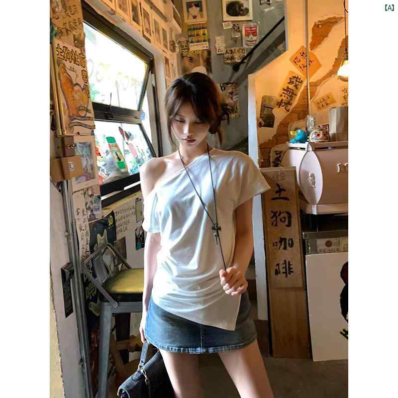 レディース レディース　アーバンファッション　モダンファッション　海外　欧州　個性的　アーバン ホワイト 肩 オフショルダー ウエスト 付き 半袖 Tシャツ 夏 シック 美しい スリムフィット ショート トップ
