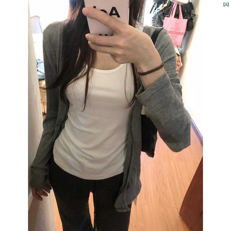 レディース レディース　アーバンファッション　モダンファッション　海外　欧州　個性的　アーバン グレーカーディガン 長袖 軽量 日焼け防止 ブラウス レディース 夏 サスペンダー フェイク 2点 トップ ジャケットのサムネイル