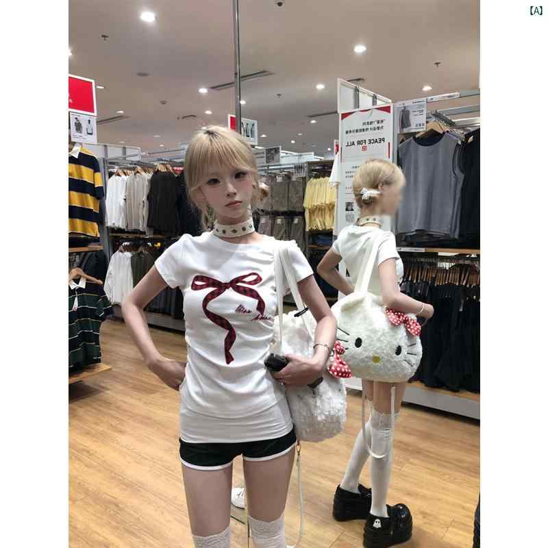 American ホワイト 右 肩 半袖 Tシャツ レディース 夏 ウエスト リボン スタイリッシュ ガール ショート トップ