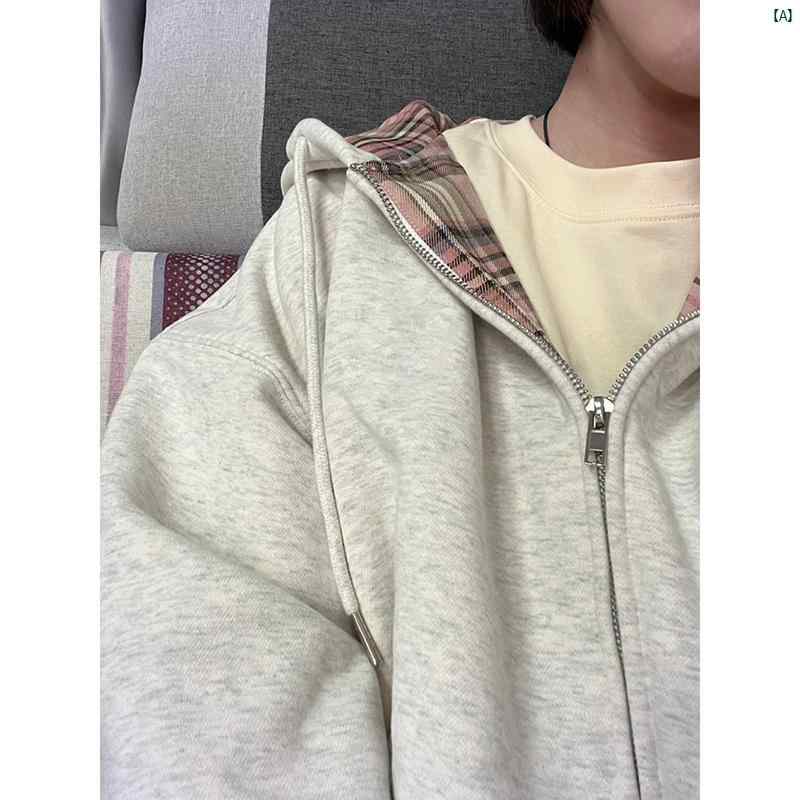 レディース　Y2K アーバンファッション　海外ファッション　レディース　おしゃれ グレー チェック柄 スウェットシャツ ジャケット レディース 春 春秋 ベルベット フード付き スプライシング ジッパー カーディガン