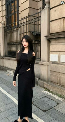 アーバンファッション ファッション モダン ブラック フレンチ ワンショルダー 長袖 ニット Tシャツ ハイウエスト ストラップ エレガント ハーフ レングス スカート 2点 スーツ アーバンファッション ファッション モダン ブラック フレンチ ワンショルダー 長袖 ニット Tシャツ ハイウエスト ストラップ エレガント ハーフ レングス スカート 2点 スーツ